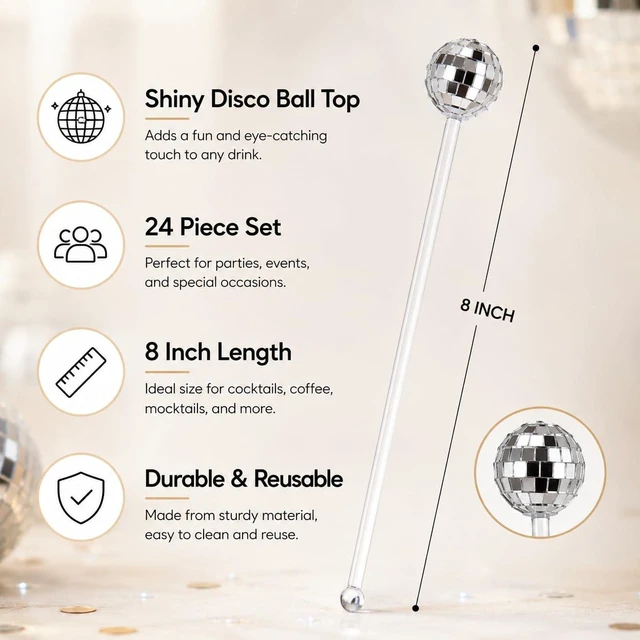 Alt view image 2 of 7 - 24 Count Disco Ball Drink Stirrers 8 Inch Silver Mirror Stir Sticks | for Cocktail Coffee 70s 80s Theme Bachelorette Wedding Birthday Party Decor