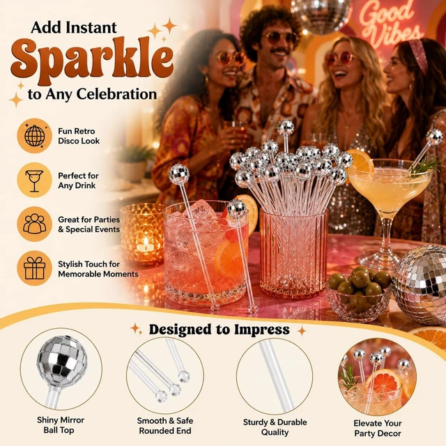 Alt view image 3 of 7 - 24 Count Disco Ball Drink Stirrers 8 Inch Silver Mirror Stir Sticks | for Cocktail Coffee 70s 80s Theme Bachelorette Wedding Birthday Party Decor