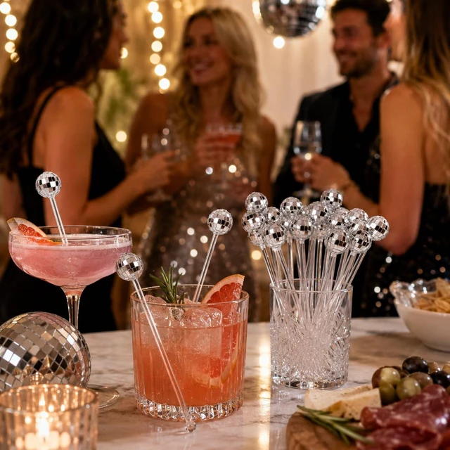 Alt view image 5 of 7 - 24 Count Disco Ball Drink Stirrers 8 Inch Silver Mirror Stir Sticks | for Cocktail Coffee 70s 80s Theme Bachelorette Wedding Birthday Party Decor
