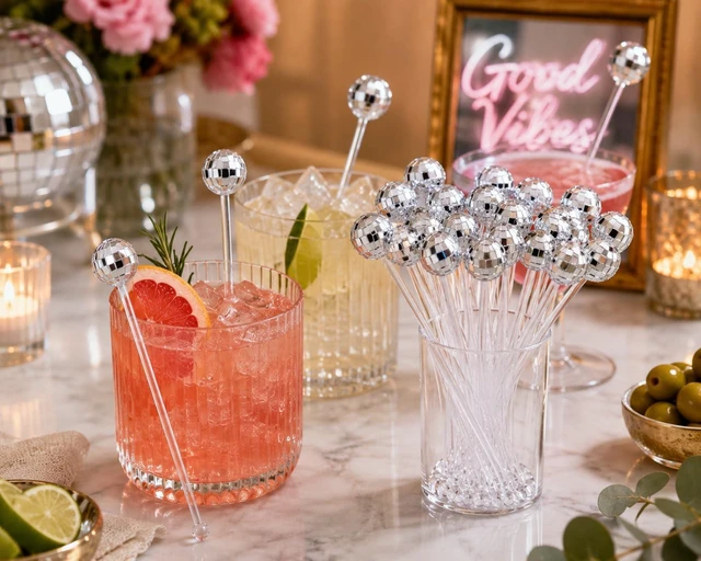Alt view image 7 of 7 - 24 Count Disco Ball Drink Stirrers 8 Inch Silver Mirror Stir Sticks | for Cocktail Coffee 70s 80s Theme Bachelorette Wedding Birthday Party Decor