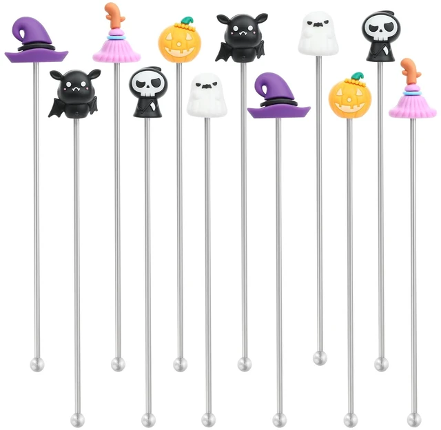 Main image of 12 PCS Halloween Swizzle Sticks, 7.7in Stainless Steel Cocktail Stirrers | Halloween Reusable Drink Stirrers with Pumpkin, Skull Ghost Decor for Cocktails, Mocktails, Juice, Punch, Haunted Hall