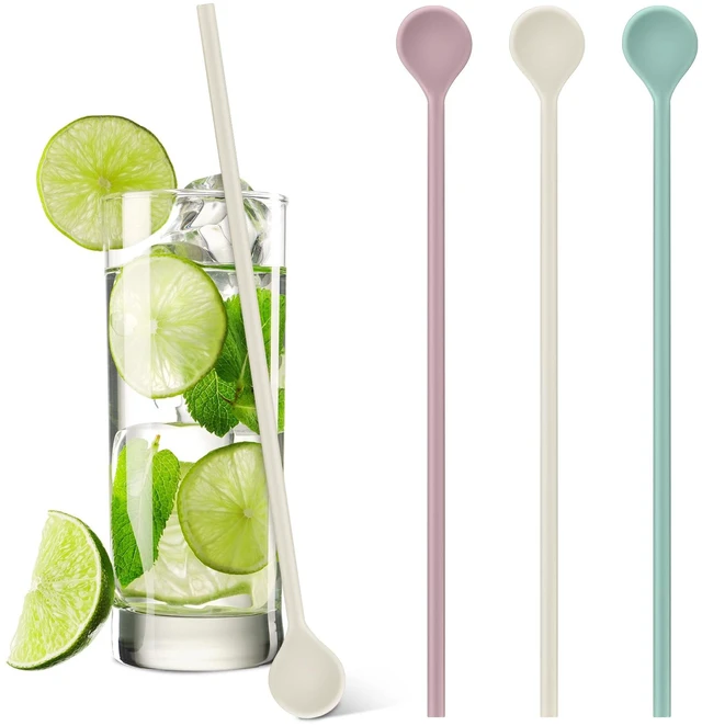 Main image of 3 Pcs 10" Silicone Stirrer Stick Spoon, Green,Pink,White | Reusable Drink Stirrer for Coffee Tea Cocktails, Bar Multipurpose Tool, Long Handle Design for Tall Glasses, Dishwasher Safe