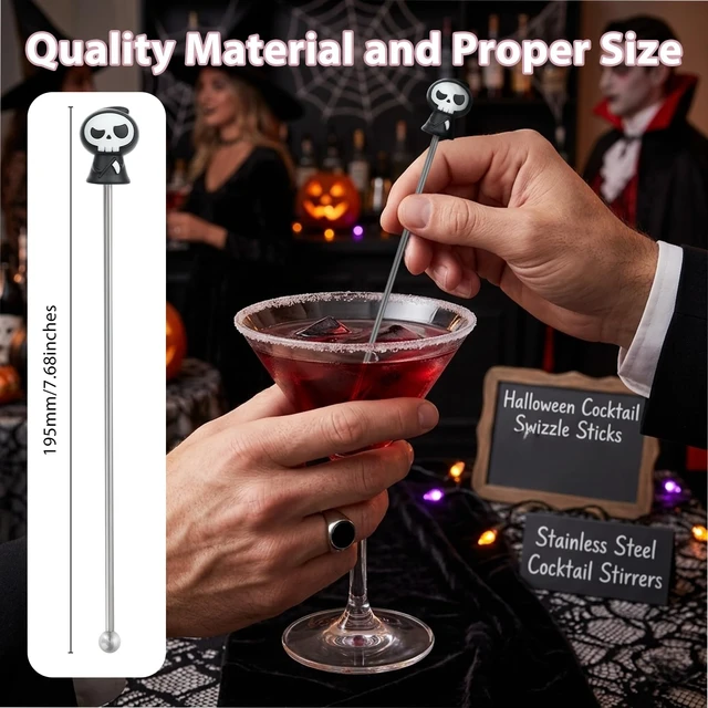 Alt view image 2 of 7 - 12 PCS Halloween Swizzle Sticks, 7.7in Stainless Steel Cocktail Stirrers | Halloween Reusable Drink Stirrers with Pumpkin, Skull Ghost Decor for Cocktails, Mocktails, Juice, Punch, Haunted Hall