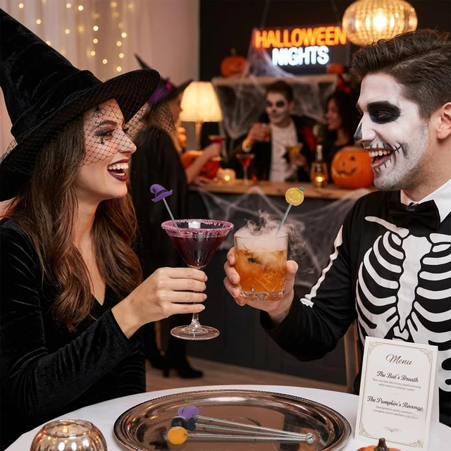 Alt view image 5 of 7 - 12 PCS Halloween Swizzle Sticks, 7.7in Stainless Steel Cocktail Stirrers | Halloween Reusable Drink Stirrers with Pumpkin, Skull Ghost Decor for Cocktails, Mocktails, Juice, Punch, Haunted Hall