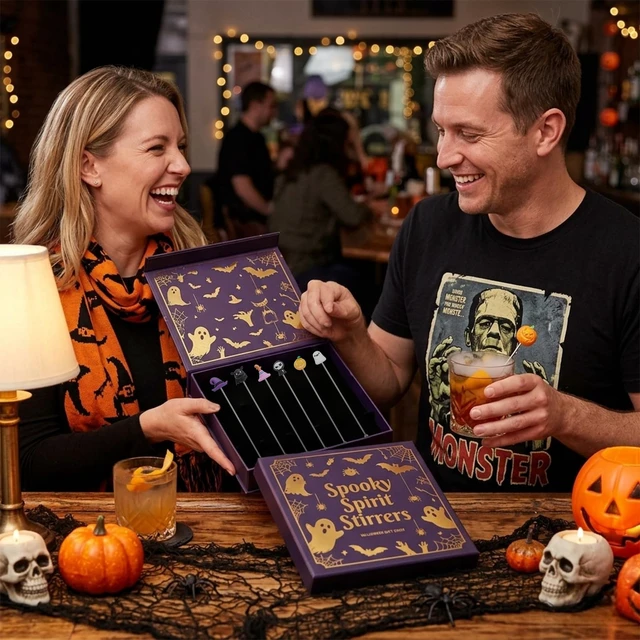 Alt view image 7 of 7 - 12 PCS Halloween Swizzle Sticks, 7.7in Stainless Steel Cocktail Stirrers | Halloween Reusable Drink Stirrers with Pumpkin, Skull Ghost Decor for Cocktails, Mocktails, Juice, Punch, Haunted Hall