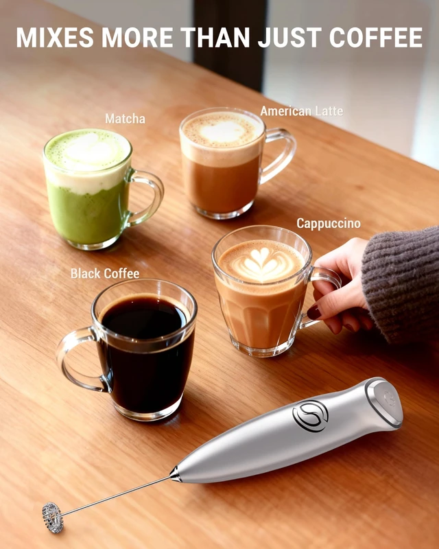 Alt view image 3 of 7 - Milk Frother Handheld Frother Wand Drink Mixer Handheld Coffee Stirrers Electric Frother for Coffee Mixer Wand with 2 Whisk frother for protein powder coffee frother handheld-Silver