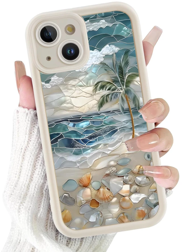 Main image of Summer Phone Case for iPhone 15 6.1", Aesthetic Stained Glass Beach Seashell Palm Tree Design, Slim Shockproof Soft Silicone TPU Full Camera Lens Protective Bumper Cover Funda for Women Girls
