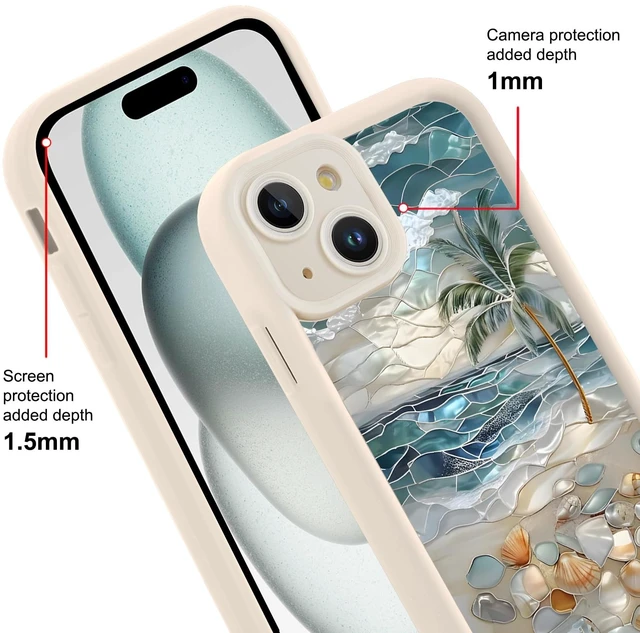Alt view image 3 of 7 - Summer Phone Case for iPhone 15 6.1", Aesthetic Stained Glass Beach Seashell Palm Tree Design, Slim Shockproof Soft Silicone TPU Full Camera Lens Protective Bumper Cover Funda for Women Girls