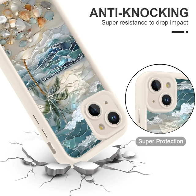 Alt view image 4 of 7 - Summer Phone Case for iPhone 15 6.1", Aesthetic Stained Glass Beach Seashell Palm Tree Design, Slim Shockproof Soft Silicone TPU Full Camera Lens Protective Bumper Cover Funda for Women Girls