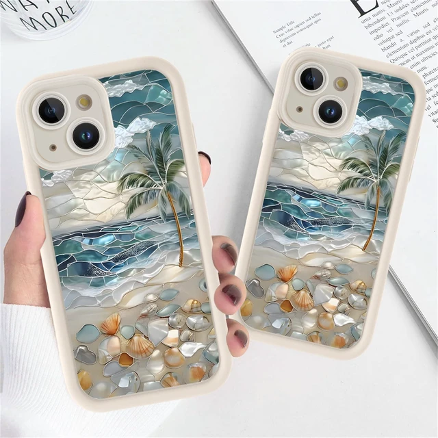 Alt view image 7 of 7 - Summer Phone Case for iPhone 15 6.1", Aesthetic Stained Glass Beach Seashell Palm Tree Design, Slim Shockproof Soft Silicone TPU Full Camera Lens Protective Bumper Cover Funda for Women Girls