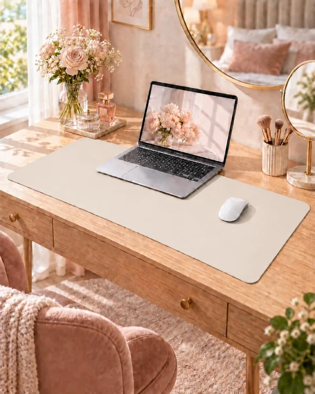 Alt view image 7 of 7 - Desk Pad Protector 23.6" x 13.7" - Non-Slip Waterproof PU Leather Desk Mat for Mouse, Keyboard, Laptop, Office and Home Workspace (Beige)