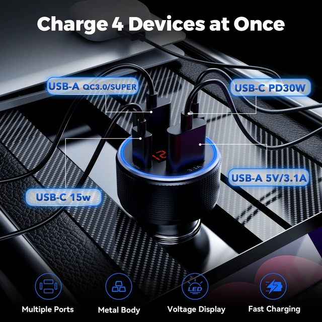 Alt view image 2 of 7 - Car Charger USB C Fast Charge 78W 4-Port Cigarette Lighter USB Charger | Metal 2 USB-C & 2 USB-A Car Phone Charger Adapter with Voltmeter for iPhone 18/17/16/15 Pro Max, Galaxy S26/S25, iPad Android
