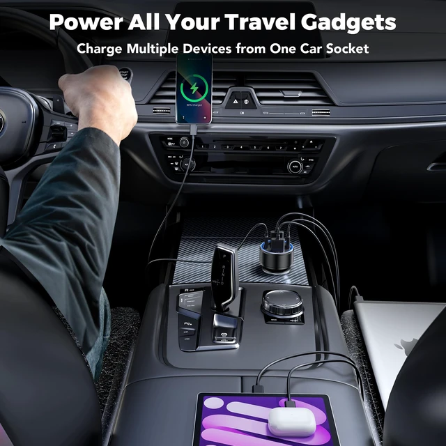 Alt view image 6 of 7 - Car Charger USB C Fast Charge 78W 4-Port Cigarette Lighter USB Charger | Metal 2 USB-C & 2 USB-A Car Phone Charger Adapter with Voltmeter for iPhone 18/17/16/15 Pro Max, Galaxy S26/S25, iPad Android