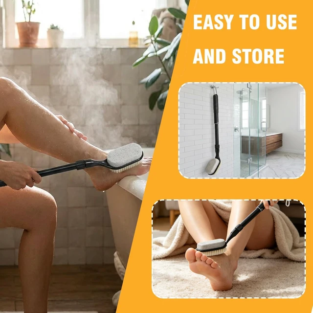 Alt view image 6 of 7 - Long Handle Foot Pumice Stone for Feet Shower Callus Dead Skin Remover | Adjustable 17"-25" Handle, Wet & Dry Use, Gentle Foot Cleaning Brush for Seniors, Pregnant, Disabled, Men & Women