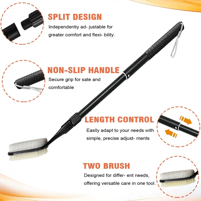 Alt view image 3 of 7 - Long Handle Foot Pumice Stone for Feet Shower Callus Dead Skin Remover | Adjustable 17"-25" Handle, Wet & Dry Use, Gentle Foot Cleaning Brush for Seniors, Pregnant, Disabled, Men & Women