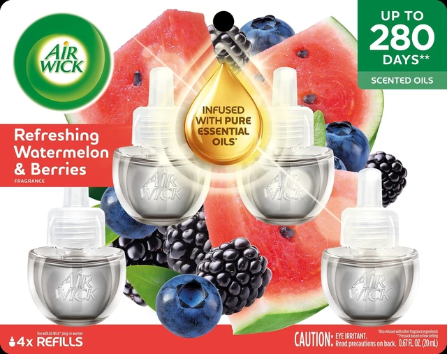 Alt view image 2 of 7 - Plug In Scented Oil Refills, Fresh Watermelon & Berries, 4ct | Air Wick watermelon air freshener scented oil refill, infused with essential oils, for a plug-in warmer in home living spaces