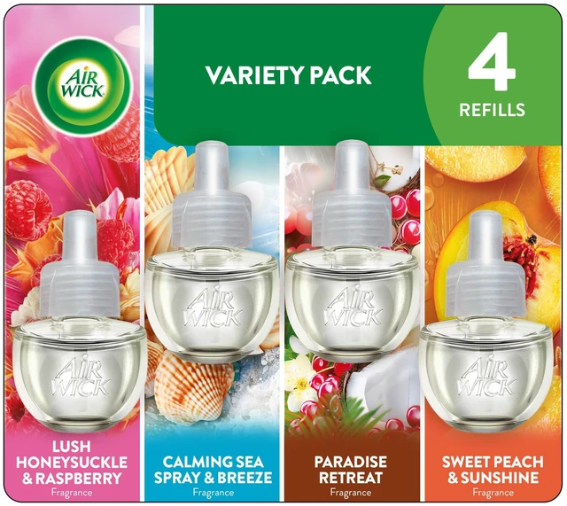 Main image of Plug In Air Freshener Refills, Lush Honeysuckle & Sweet Peach, 4ct | Air Wick plug in air fresheners for home, Calming Sea Spray & Paradise Retreats, 4ct, infused with essential oils