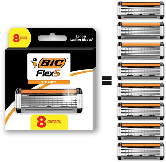 Main image of Flex 5 Men's 5-Blade Razor Cartridge Refills, 8-Pack | Lubricating Strip with Aloe and Vitamin E | Precision Edging Blade for Tricky Spots | Refillable Cartridges for Convenience