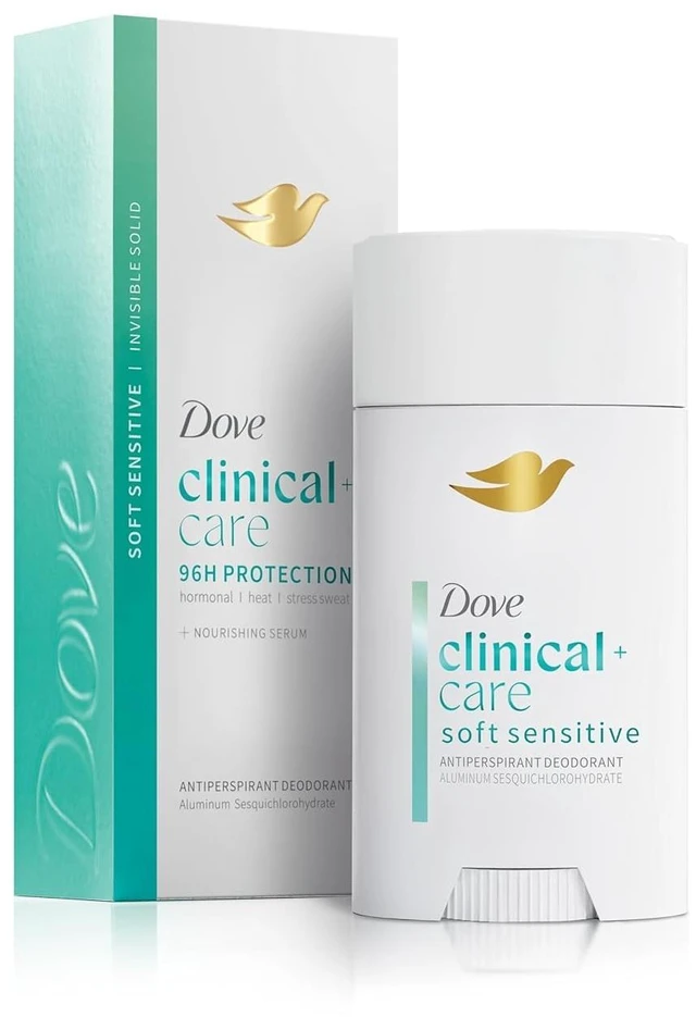Main image of Clinical + Care Soft Sensitive Antiperspirant Stick 2.6 oz | 96H Clinical Sweat Protection for hormonal, heat, & stress sweat, Nourishing Serum, Hypoallergenic