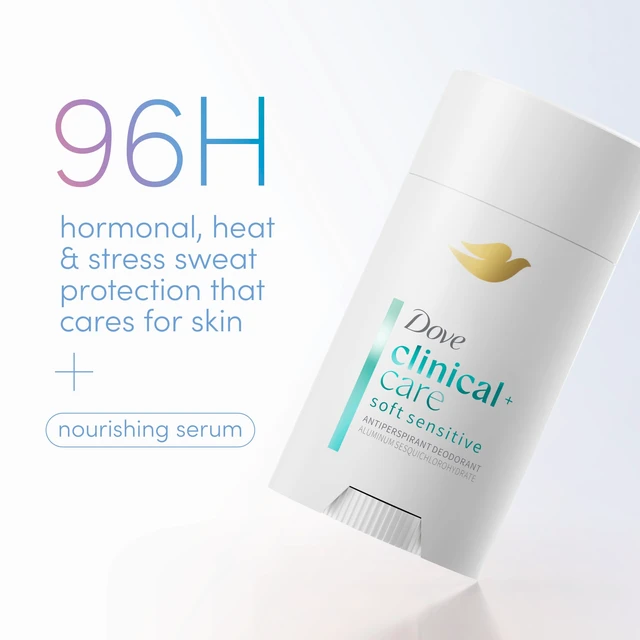Alt view image 3 of 7 - Clinical + Care Soft Sensitive Antiperspirant Stick 2.6 oz | 96H Clinical Sweat Protection for hormonal, heat, & stress sweat, Nourishing Serum, Hypoallergenic
