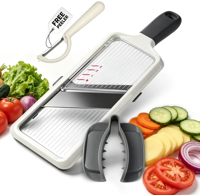 Main image of Multi Handheld Mandoline Slicer - Adjustable Stainless Steel Blade | Hand Guard & Peeler Included, 1-4 mm Adjustable,Non-Slip Grip, Easy Rinse Clean, Space Saving, For Salad Stir-Fry Meal Prep