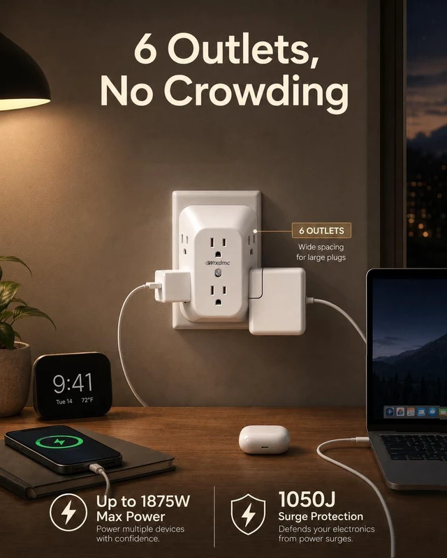 Alt view image 3 of 7 - 2 Prong to 3 Prong Outlet Adapter, 6 AC Outlet Splitter with 1875W | 2 Prong Multi Plug Outlet Extender, 1050J Surge Protector, Multiple Wall Plug Adapter, Non Grounded Outlets for Older House