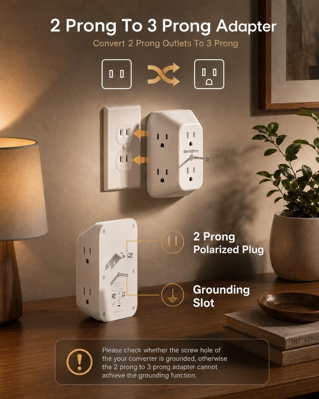 Alt view image 2 of 7 - 2 Prong to 3 Prong Outlet Adapter, 6 AC Outlet Splitter with 1875W | 2 Prong Multi Plug Outlet Extender, 1050J Surge Protector, Multiple Wall Plug Adapter, Non Grounded Outlets for Older House