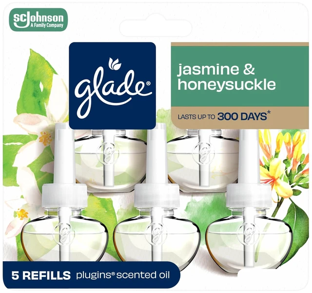Main image of PlugIns Air Freshener Refills, Jasmine & Honeysuckle, 5 Count | 0.67 fl oz Each, Includes 5 Refills, Scented and Essential Oils for Home and Bathroom Use, Fits Glade PlugIn Warmer