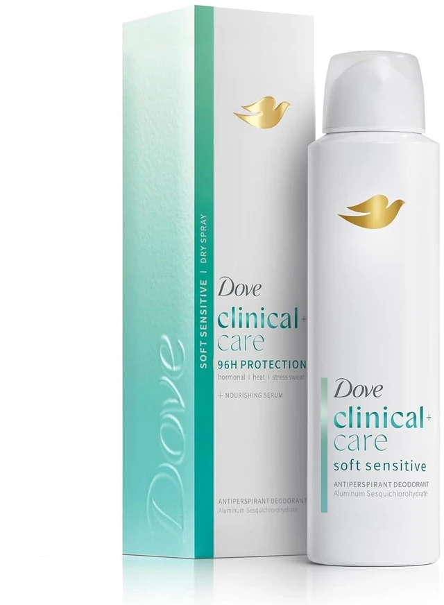 Main image of Clinical + Care Soft Sensitive Antiperspirant Dry Spray, 3.8 oz | 96H Clinical Sweat Protection for hormonal, heat, & stress sweat, Nourishing Serum, Hypoallergenic