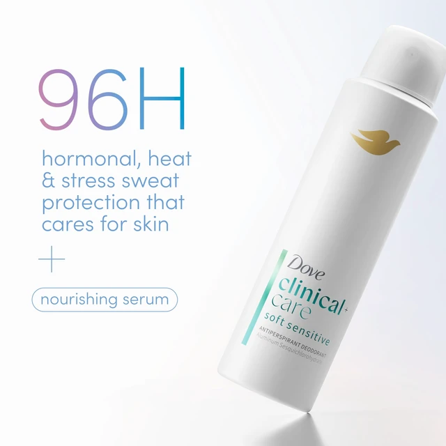 Alt view image 3 of 7 - Clinical + Care Soft Sensitive Antiperspirant Dry Spray, 3.8 oz | 96H Clinical Sweat Protection for hormonal, heat, & stress sweat, Nourishing Serum, Hypoallergenic