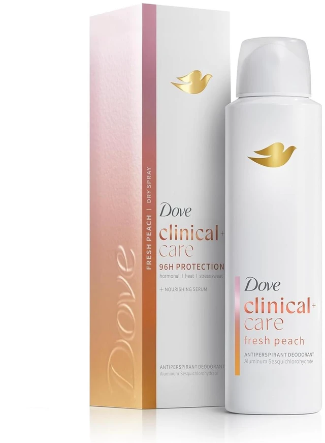 Main image of Clinical + Care Fresh Peach Antiperspirant Dry Spray, 3.8 oz | 96H Clinical Sweat Protection for hormonal, heat, & stress sweat, Nourishing Serum, Fruity scent