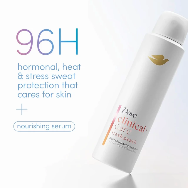 Alt view image 3 of 7 - Clinical + Care Fresh Peach Antiperspirant Dry Spray, 3.8 oz | 96H Clinical Sweat Protection for hormonal, heat, & stress sweat, Nourishing Serum, Fruity scent