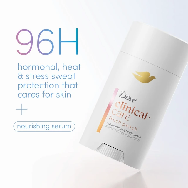 Alt view image 3 of 7 - Clinical + Care Fresh Peach Antiperspirant Stick, 2.6 oz | 96H Clinical Sweat Protection for hormonal, heat, & stress sweat, Nourishing Serum, Fruity scent