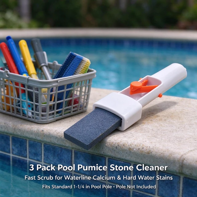 Alt view image 6 of 7 - Pumice Stone for Pool Tile Cleaning, 3 Pack with Clip Handle for Pool Pole | Fits 1-1/4in telescopic pool poles (pole not included) to scrub waterline calcium and hard water stains on hard surfaces