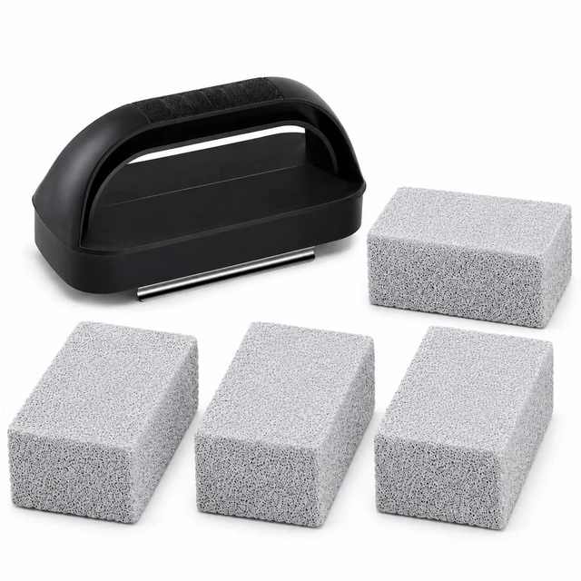 Main image of Pumice Stone with Handle for Blackstone Griddle, Grill Cleaning Brick for Burnt-On Grease, Flat Top Grill and Grates, Includes 1 Handle and 4 Stones