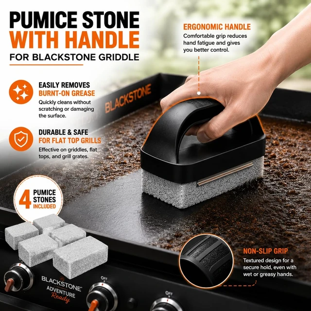 Alt view image 2 of 5 - Pumice Stone with Handle for Blackstone Griddle, Grill Cleaning Brick for Burnt-On Grease, Flat Top Grill and Grates, Includes 1 Handle and 4 Stones