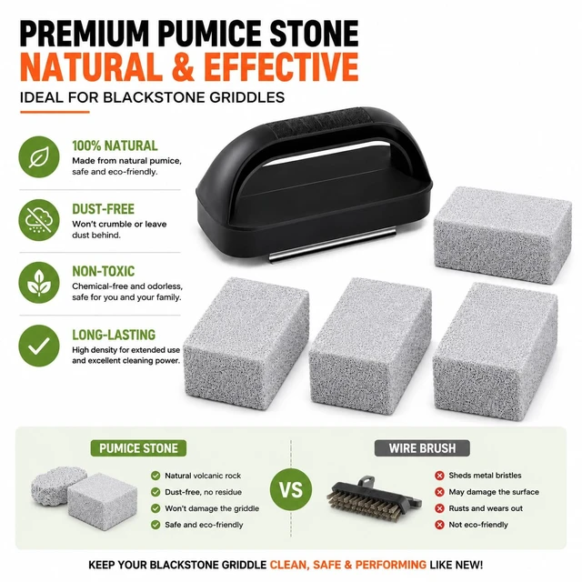 Alt view image 4 of 5 - Pumice Stone with Handle for Blackstone Griddle, Grill Cleaning Brick for Burnt-On Grease, Flat Top Grill and Grates, Includes 1 Handle and 4 Stones