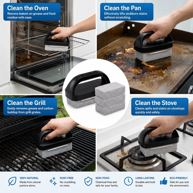 Alt view image 5 of 5 - Pumice Stone with Handle for Blackstone Griddle, Grill Cleaning Brick for Burnt-On Grease, Flat Top Grill and Grates, Includes 1 Handle and 4 Stones
