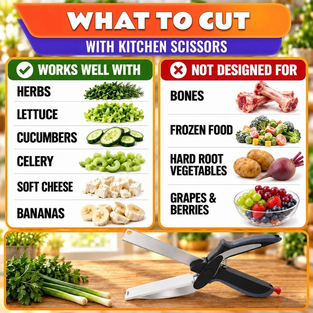 Alt view image 4 of 7 - 2 in 1 Kitchen Scissors for Food, Cutting Board Scissors with Safety Lock | Tomato Knife Alternative for Soft Veggies, Fruit & Cheese, 9 1/2 Inch Stainless Steel, Right or Left Hand, Dishwasher Safe
