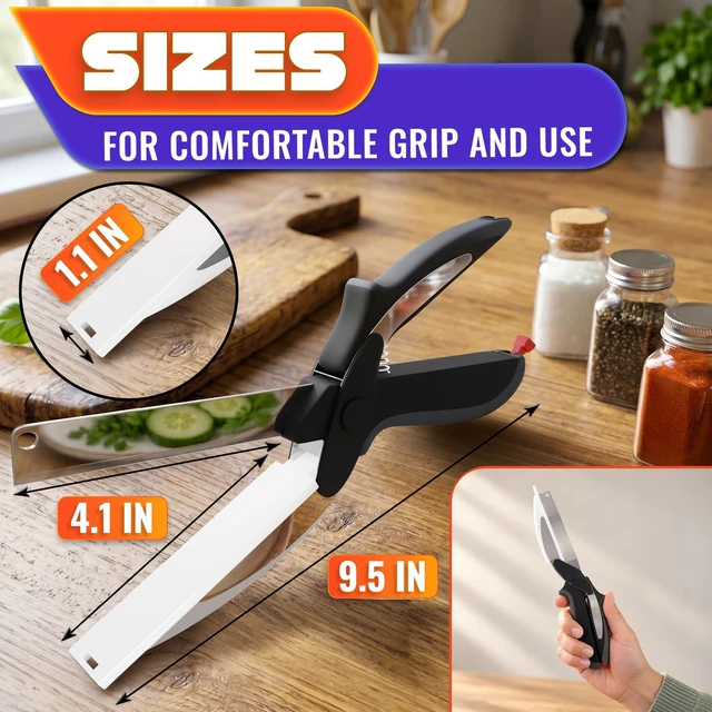 Alt view image 2 of 7 - 2 in 1 Kitchen Scissors for Food, Cutting Board Scissors with Safety Lock | Tomato Knife Alternative for Soft Veggies, Fruit & Cheese, 9 1/2 Inch Stainless Steel, Right or Left Hand, Dishwasher Safe