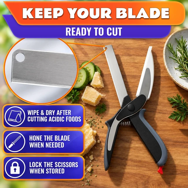Alt view image 5 of 7 - 2 in 1 Kitchen Scissors for Food, Cutting Board Scissors with Safety Lock | Tomato Knife Alternative for Soft Veggies, Fruit & Cheese, 9 1/2 Inch Stainless Steel, Right or Left Hand, Dishwasher Safe