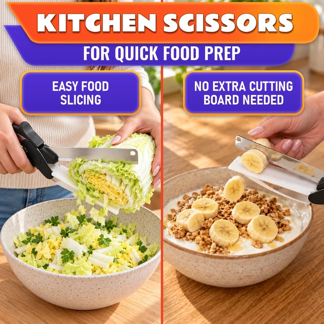 Alt view image 6 of 7 - 2 in 1 Kitchen Scissors for Food, Cutting Board Scissors with Safety Lock | Tomato Knife Alternative for Soft Veggies, Fruit & Cheese, 9 1/2 Inch Stainless Steel, Right or Left Hand, Dishwasher Safe