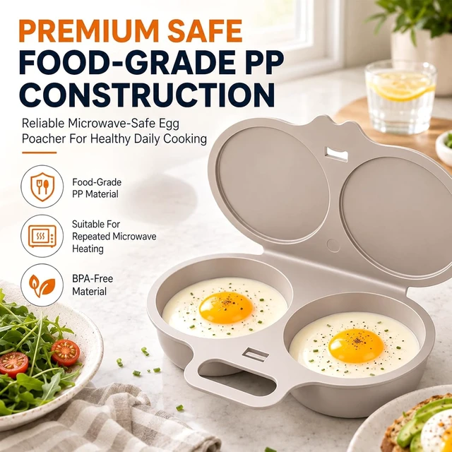 Alt view image 3 of 7 - Dual Cavity Microwave Egg Poacher With Lid & Handle, Quick-Heat Microwave Egg Poacher For 2 Eggs, Quick Oil-Free Cooking, Food-Grade PP (Dark Gray)
