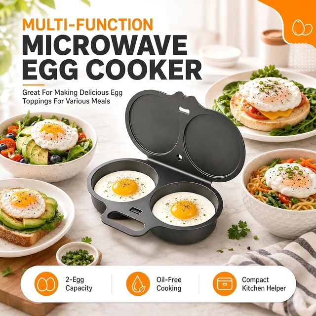 Alt view image 4 of 7 - Dual Cavity Microwave Egg Poacher With Lid & Handle, Quick-Heat Microwave Egg Poacher For 2 Eggs, Quick Oil-Free Cooking, Food-Grade PP (Dark Gray)