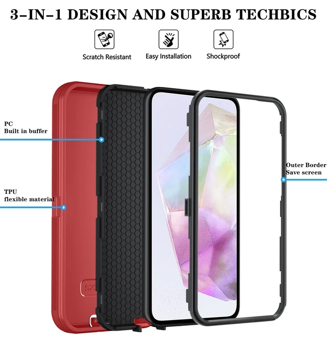Alt view image 5 of 6 - for Samsung Galaxy A37 5G Phone Case, 3-Layer Cover, RedBlack | Heavy Duty Shockproof & Dropproof Phone Case with 2 Pack HD Screen Protector for Samsung Galaxy A37 5G