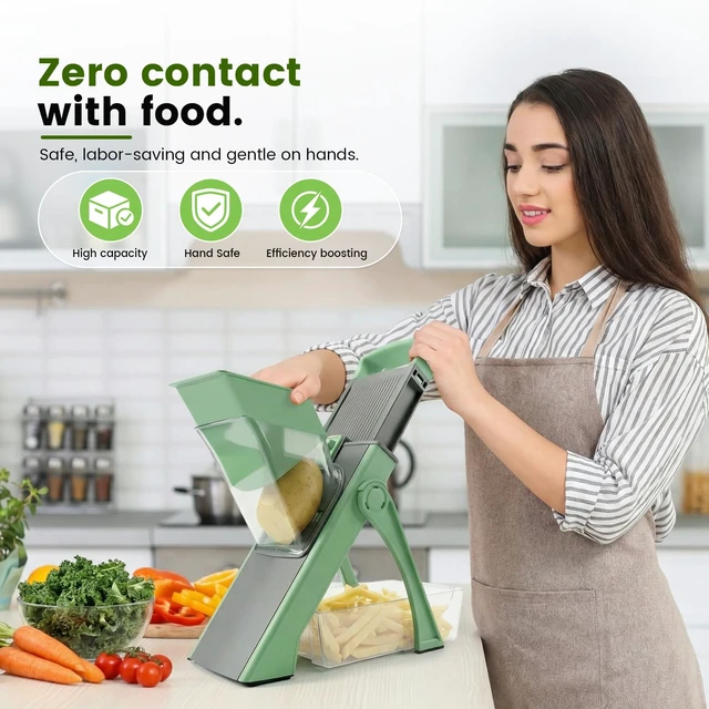 Alt view image 3 of 7 - 4-in-1 Mandoline Slicer Vegetable Chopper with Adjustable Blades | vegetable slicer with adjustable thickness, julienne, dicer and fry cutter functions, with foldable design and container