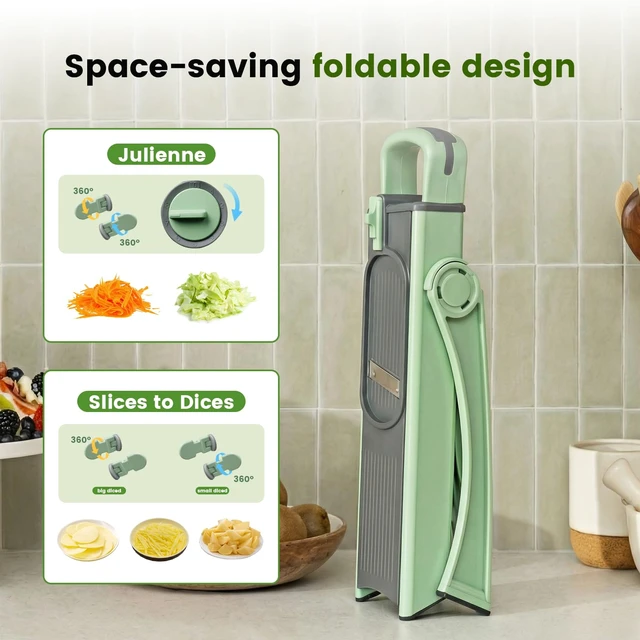 Alt view image 7 of 7 - 4-in-1 Mandoline Slicer Vegetable Chopper with Adjustable Blades | vegetable slicer with adjustable thickness, julienne, dicer and fry cutter functions, with foldable design and container