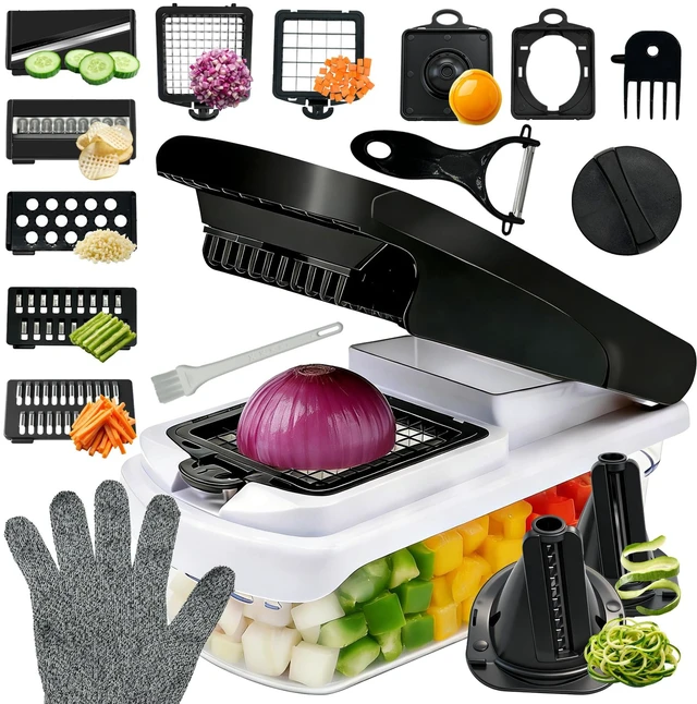 Main image of Veggie Chopper, Onion Dicer, Spiralizer & Storage Box | One press, easy cutting. 17 blades & tools includes cut-resistant glove. Perfect for salads, fries & meal prep.