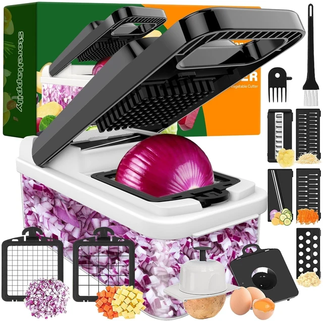 Main image of 12-in-1 Vegetable Chopper 7 Blades, Veggie Cutter with Handle, Black/White | Stainless Steel Blades, Food Container and Lid, Dicer, Slicer, Julienne, Egg Separator, Non-slip Bas