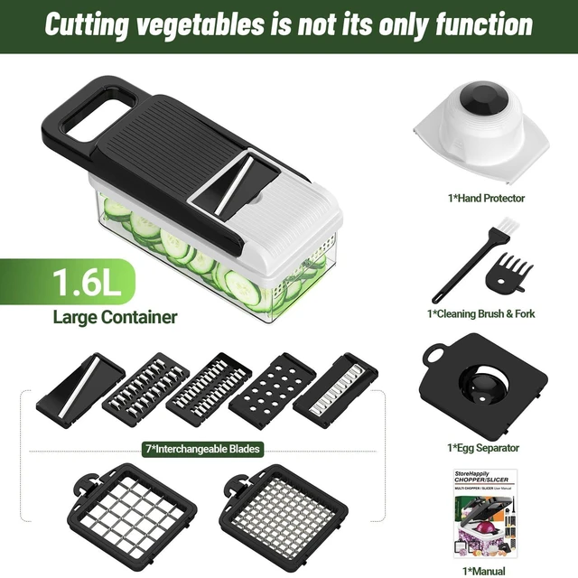 Alt view image 2 of 7 - 12-in-1 Vegetable Chopper 7 Blades, Veggie Cutter with Handle, Black/White | Stainless Steel Blades, Food Container and Lid, Dicer, Slicer, Julienne, Egg Separator, Non-slip Bas